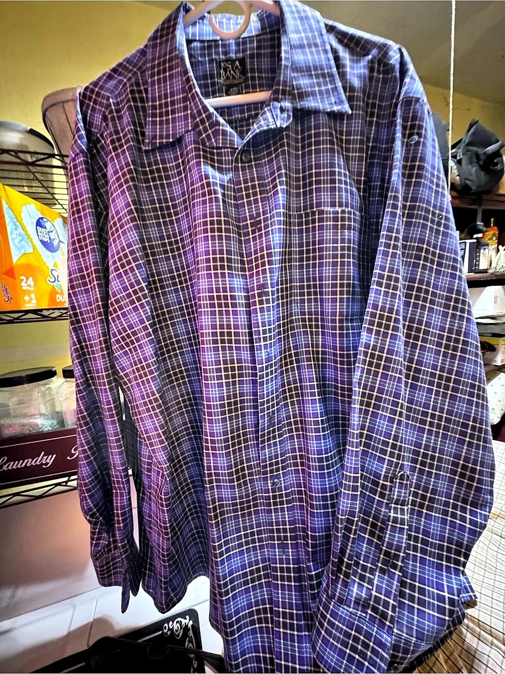 Jos. A. Bank Traveler's Collection Plaid Button Down in Blue & Purple XL Like